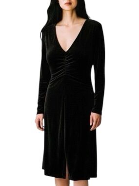LAUNDRY By Shelli Segal Dress Black Velvet V-Neck Ruching Long Sleeve Midi NWT